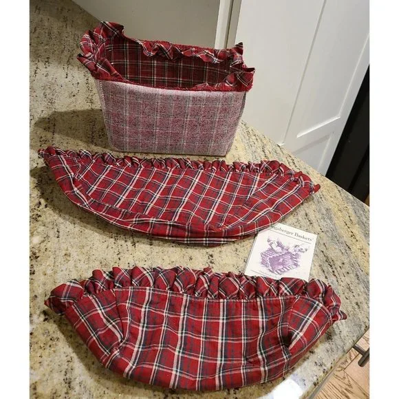 Set of 3 Longaberger Basket Liner Red Green Plaid & Plastic Liner - Picture 1 of 6